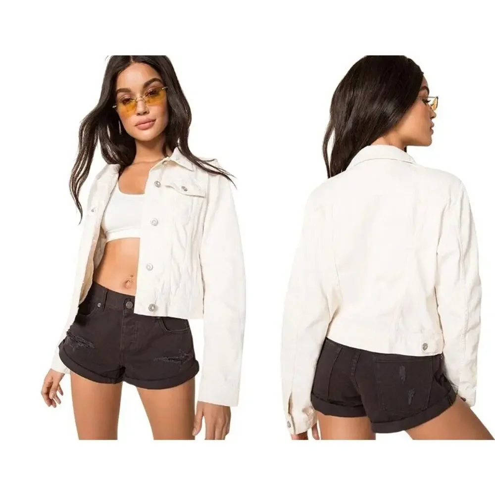 Free People Rumors Cropped Denim Jean Jacket FLAW Ecru Ivory Womens XS - Picture 8 of 10